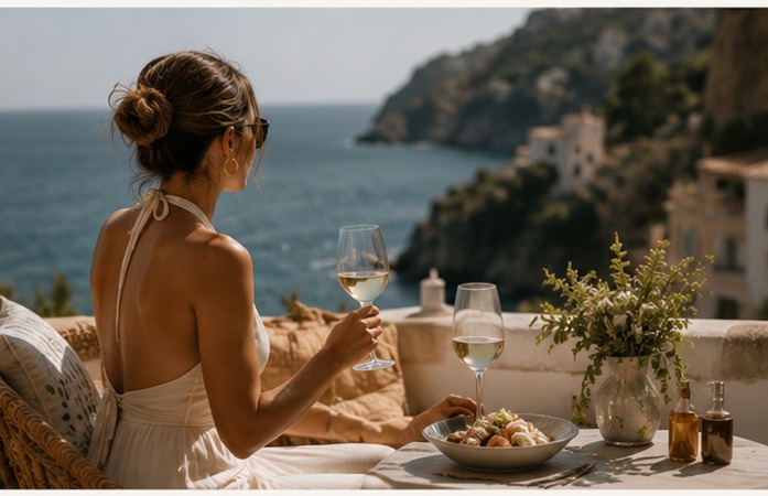 Luxury coastal Spain terrace with wine and sea view