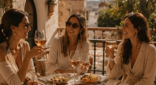 Women connecting over tapas and wine in Spain