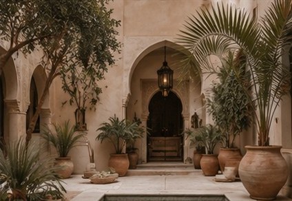 Quiet luxury Moroccan riad courtyard