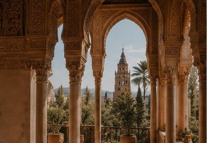 Sunlit Andalusian arches representing Spain